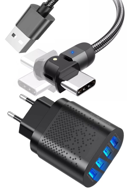 Judas Z5 Şarj Adaptörü 4 Port + J4 Type-C 180 Derece 3A Şarj Kablosu -2mt