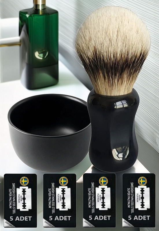 Qualis F3 Tıraş Fırçası + Paslanmaz Kase + 20 Adet Platinum Yaprak Jilet