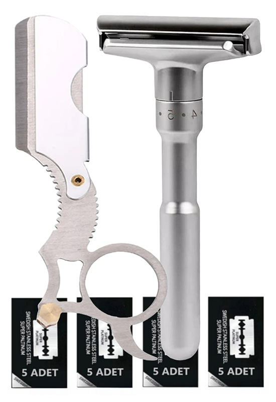 Qualis Q7 Full Metal Manuel Tıraş Makinesi + U4 Full Metal Ustura + 20 Adet Platinum Yaprak Jilet