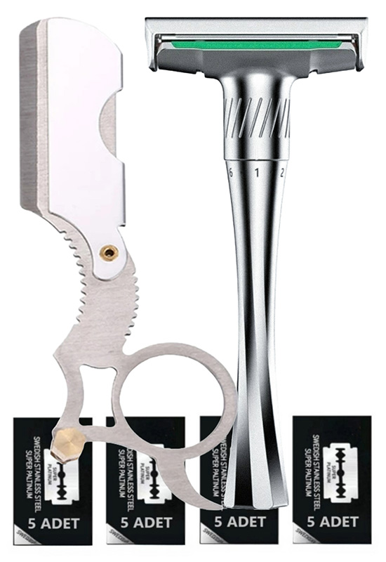 Qualis Q9 Full Metal Manuel Tıraş Makinesi + U4 Full Metal Ustura + 20 Adet Platinum Yaprak Jilet