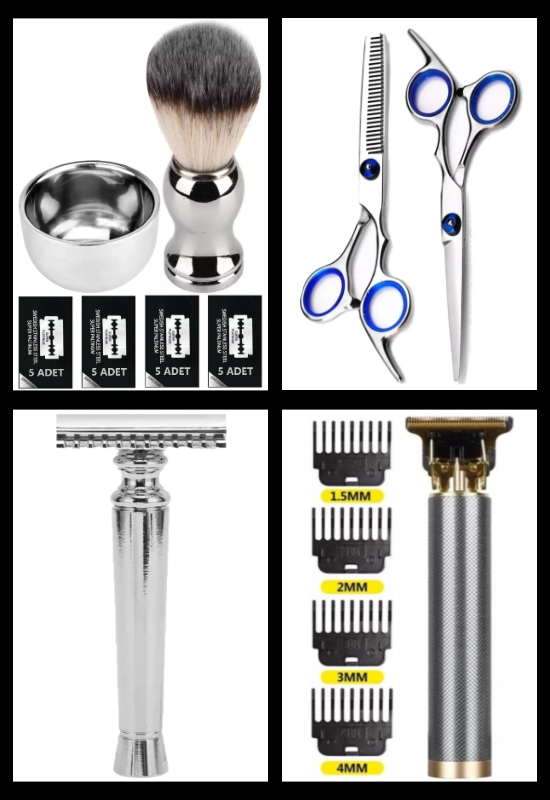 Qualis S2 Full Metal Tıraş Makinesi + R4 Saç Tıraş Makinesi + M8 Saç Kesme-İnceltme Makas + F10 Fırça + Kase + 20'li Platinum Yaprak Jilet