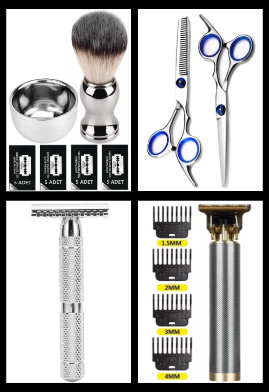 Qualis S4 Full Metal Tıraş Makinesi + R4 Saç Tıraş Makinesi + M8 Saç Kesme-İnceltme Makas + F10 Fırça + Kase + 20'li Platinum Yaprak Jilet