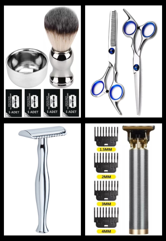 Qualis S5 Full Metal Tıraş Makinesi + R4 Saç Tıraş Makinesi + M8 Saç Kesme-İnceltme Makas + F10 Fırça + Kase + 20'li Platinum Yaprak Jilet